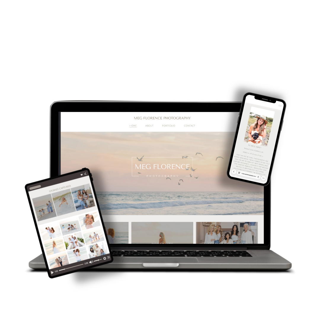 Laptop with a photography website open, accompanied by a tablet and smartphone displaying photos and a photographer's profile, all floating against a black background.