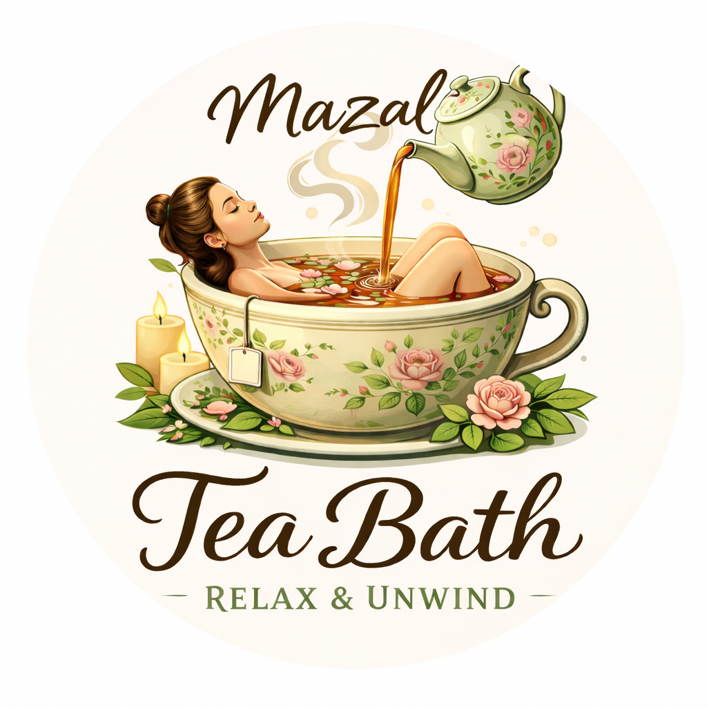 Illustration of a woman relaxing in a tea cup filled with tea, surrounded by candles and roses, with the text 'Mazal Tea Bath Relax & Unwind'.