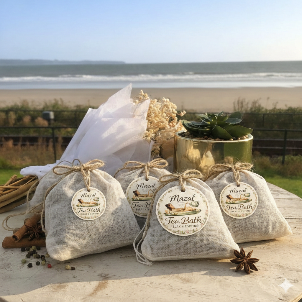 Small fabric pouches labeled Mazal Tea Bath with a bird and plant design, placed on a wooden surface near star anise and peppercorns, with a plant in a gold pot and a bouquet of dried flowers, overlooking a beach with sand and the ocean in the background.
