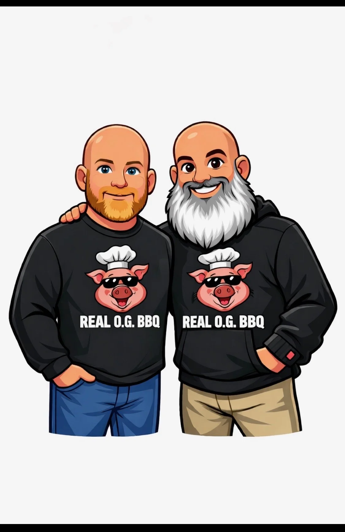Two men wearing matching black sweatshirts with a pig chef logo and the words "REAL O.G. BBQ," standing close together, with one man's arm around the other's shoulder.