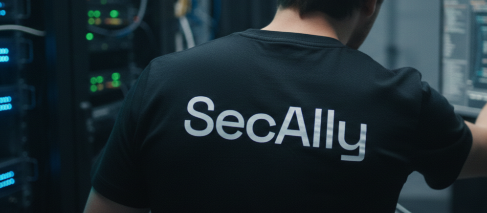 Persona con camiseta que dice 'SecAilly' trabajando en un centro de datos con servidores y pantallas