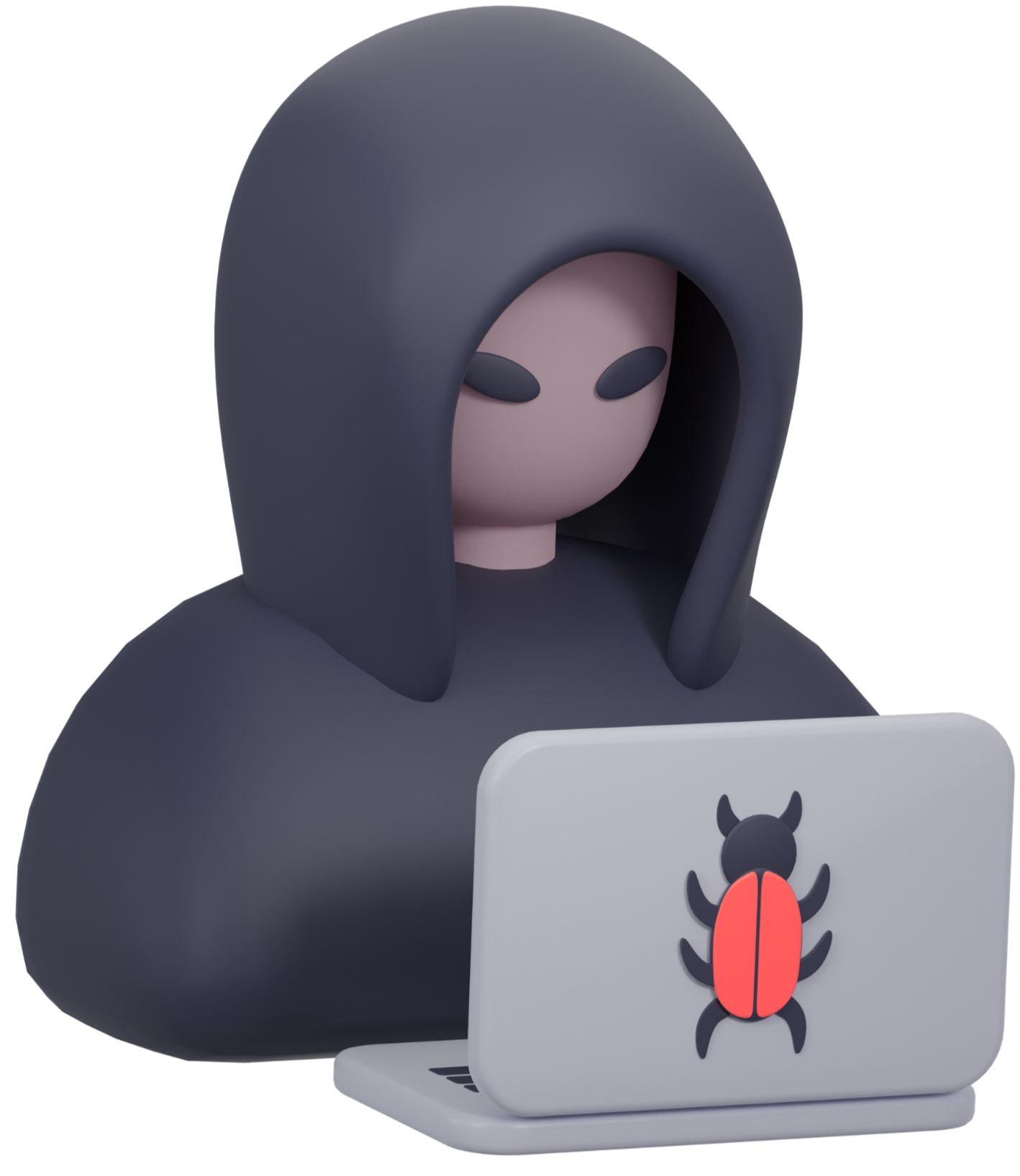 Figura de un personaje con capucha gris oscuro usando una computadora portátil con un dibujo de un insecto con un cuerpo rojo y patas negras