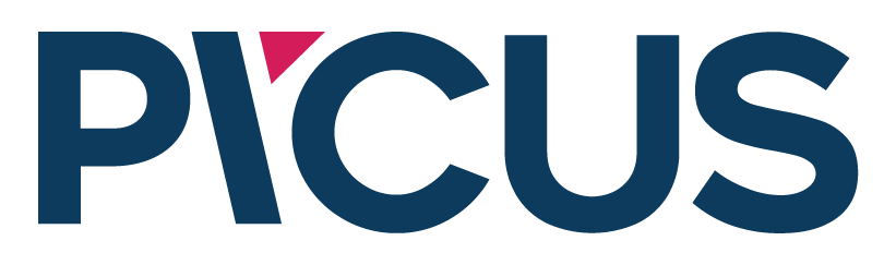 Logotipo con la palabra 'PICS' en letras mayúsculas, la letra 'I' tiene un triángulo rosa en lugar de un punto.