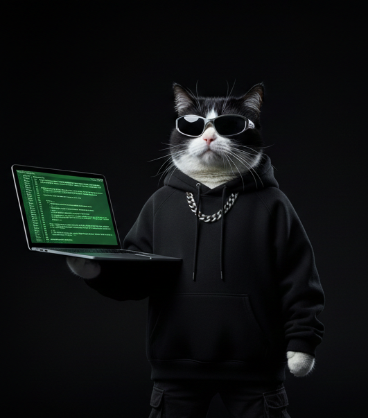 Un gato con gafas de sol, ropa de sudadera negra y cadena, sosteniendo una laptop con código en pantalla, en fondo negro.