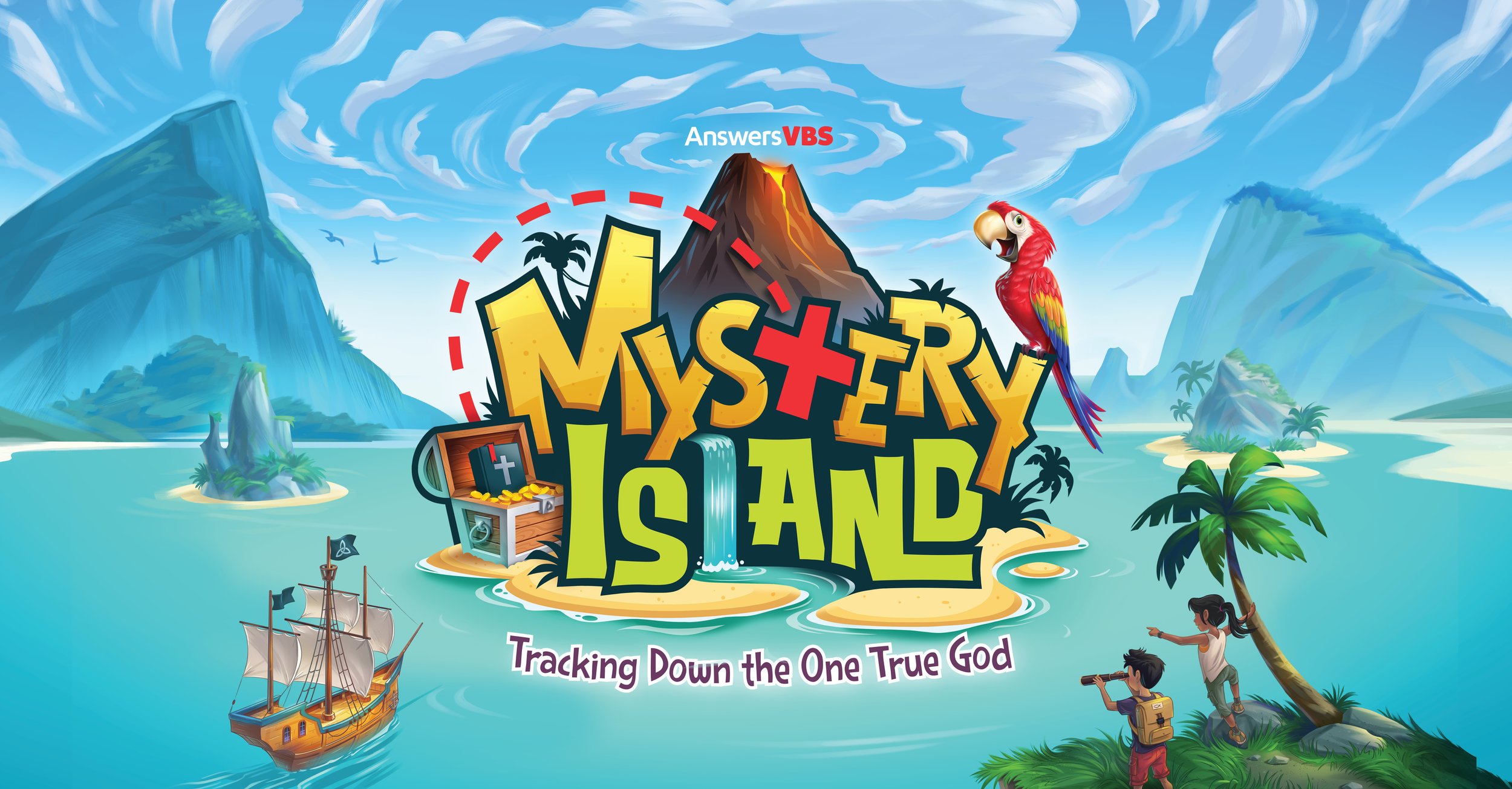 A colorful island with mountains, palm trees, and water, featuring a pirate ship, a treasure chest, and children exploring. The text on the image reads 'AnswersVBS Mysterious Island: Tracking Down the One True God'.