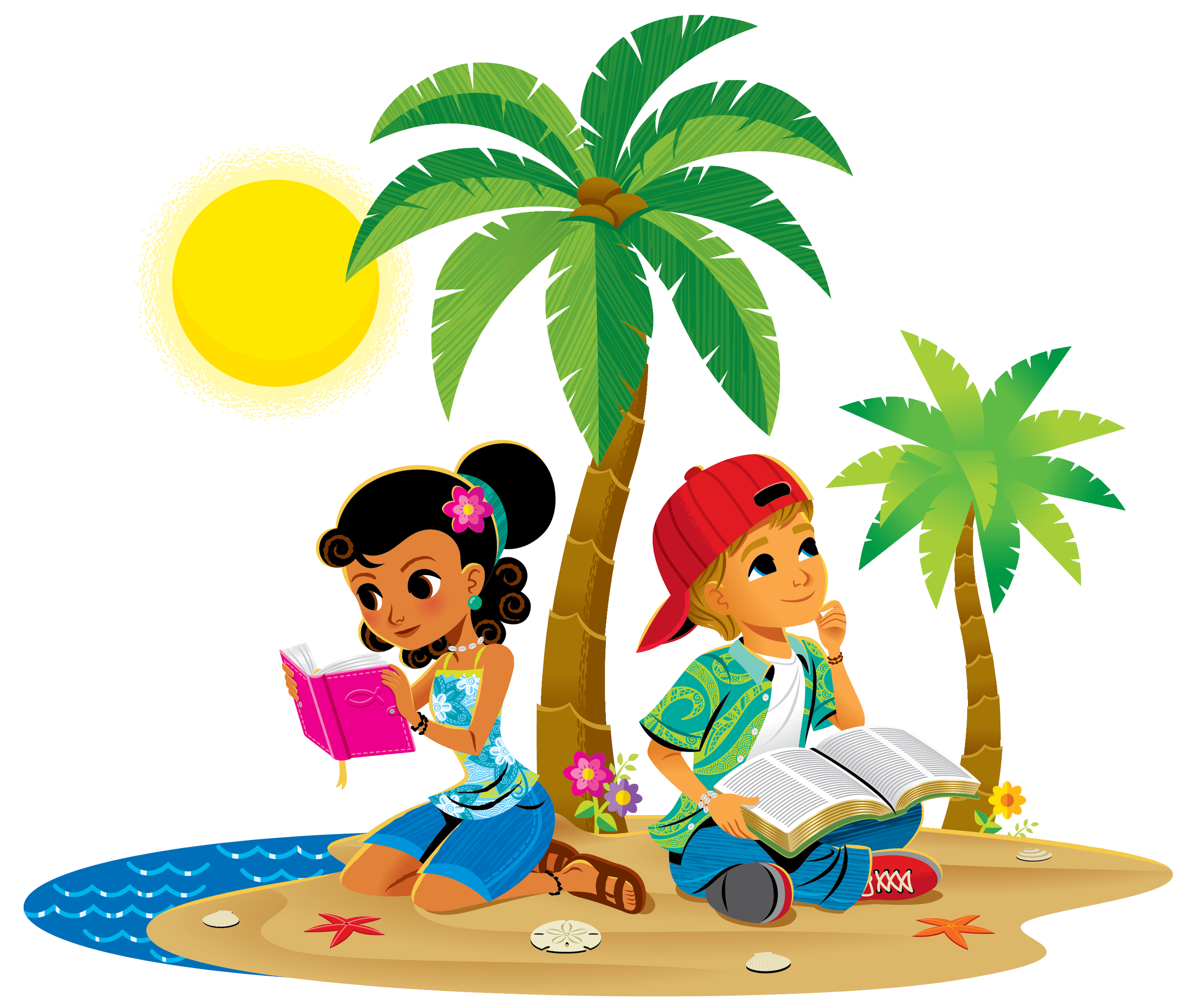 Two children, a girl and a boy, sitting on a sandy beach surrounded by palm trees, seashells, starfish, and flowers, reading books on a sunny day.