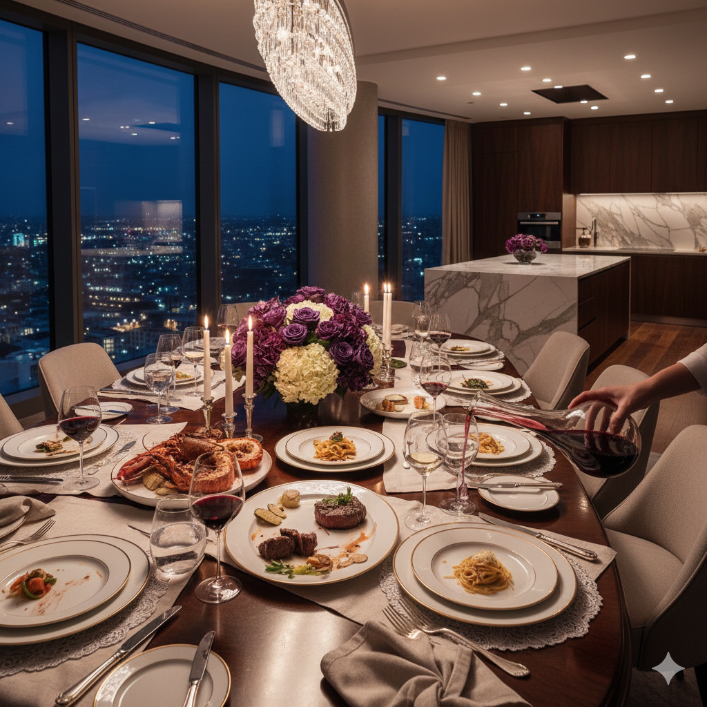 Elegant dining room with a large round table set for a formal dinner, featuring multiple plates, glasses, and cutlery, a centerpiece of purple and white flowers, lit candles, and a view of a city skyline at night through large windows.
