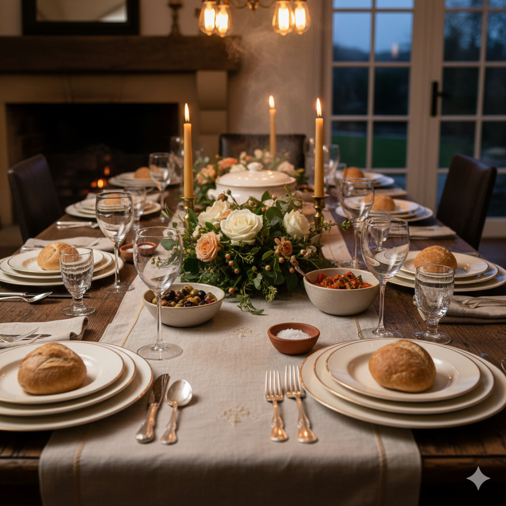 A dinner table set for a meal with plates, bread rolls, glasses of water, and silverware, featuring a centerpiece of white and pink roses, green foliage, and three lit candles, in front of a fireplace and large window.