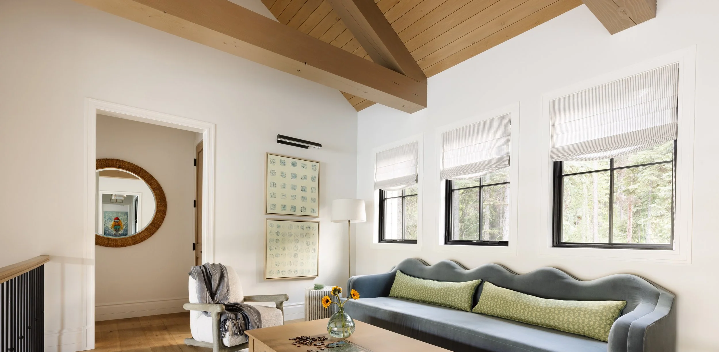 High-end finish carpentry services featuring custom wood ceilings, beams, and interior trim in McCall Idaho