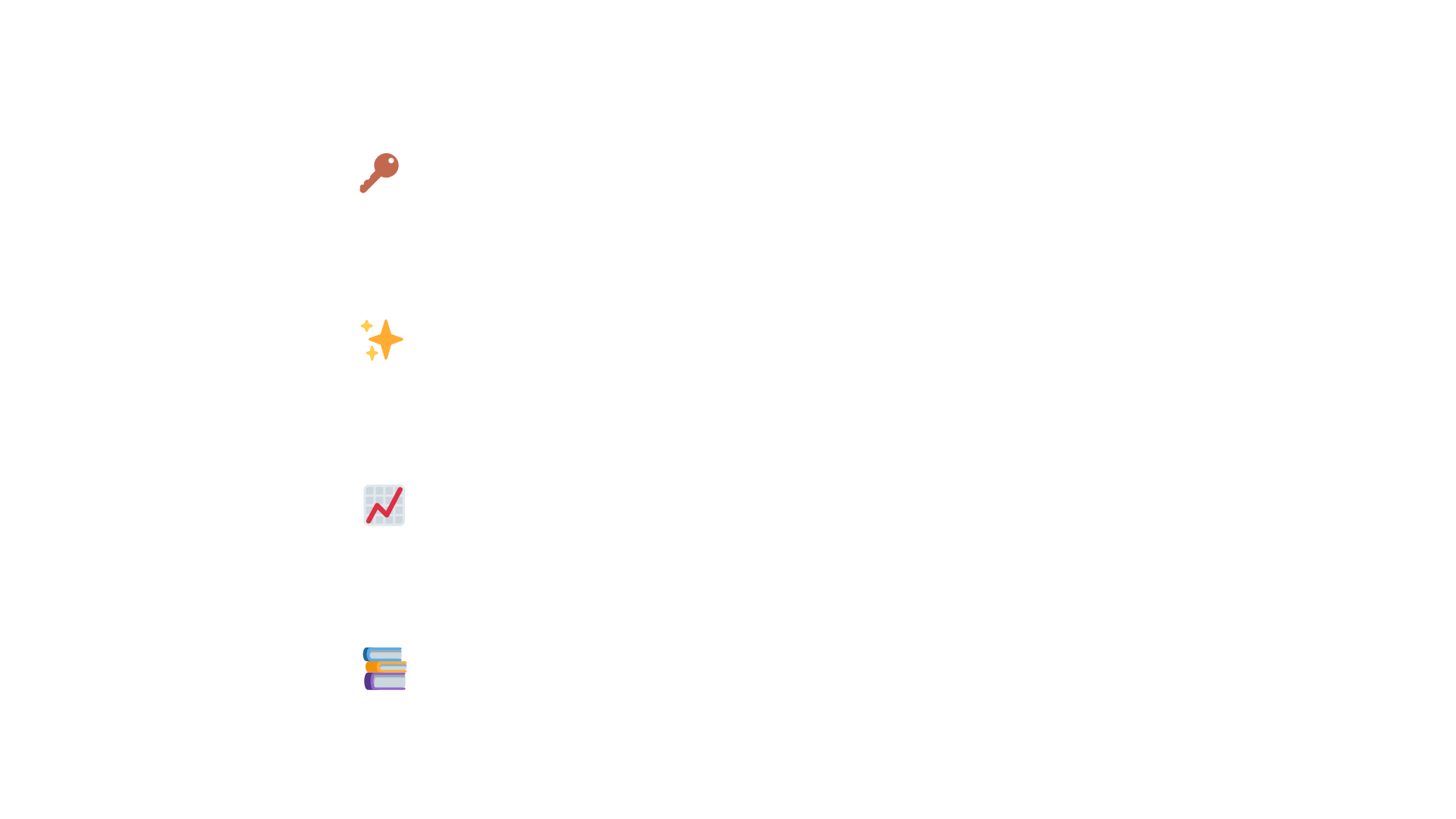 A black background with four white rounded rectangular buttons, each containing an emoji: a key, sparkling stars, a graph with an upward trend, and a stack of books.