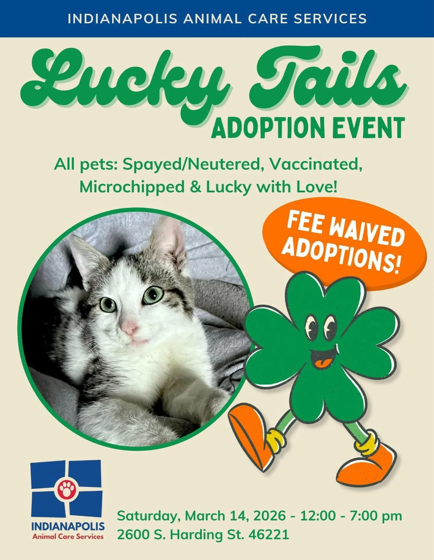 🐾🍀 Adopt a new pet and help us raise $5,000 🐾🍀

An anonymous donor is donating $100 for every adoption this weekend at @indyanimalcareservices up to a maximum of $5,000! Every dollar we raise will be put towards the life-saving programs we fund a