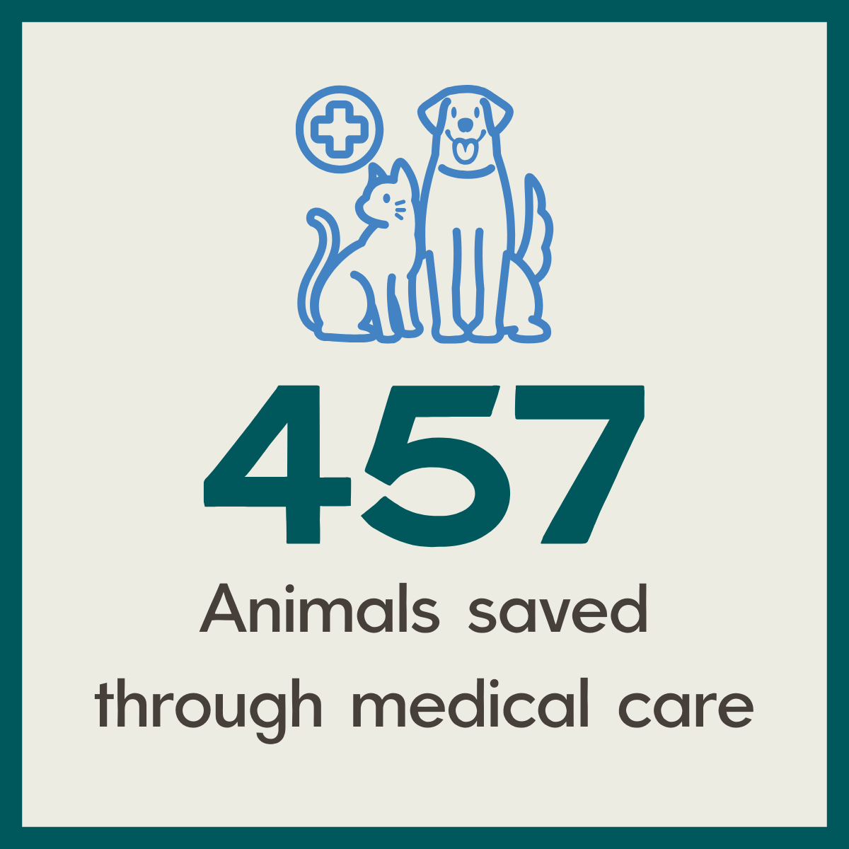 Icon of a cat and a dog with a medical cross above them, with large numbers '457' and the text 'Animals saved through medical care'.