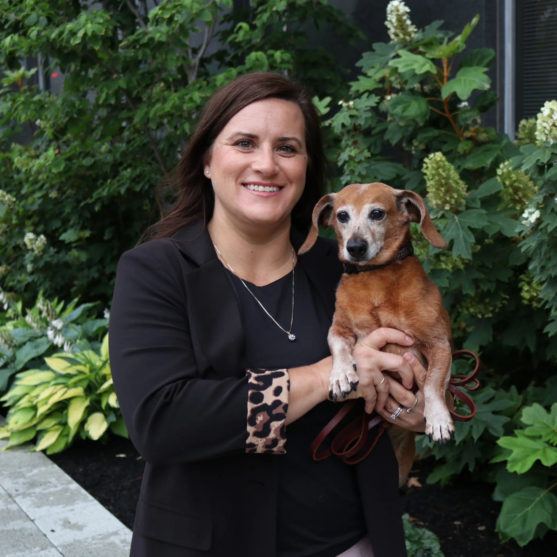 A smiling woman with brunette hair holding a small brown dog with a black collar outdoors, with green leafy plants in the background.
