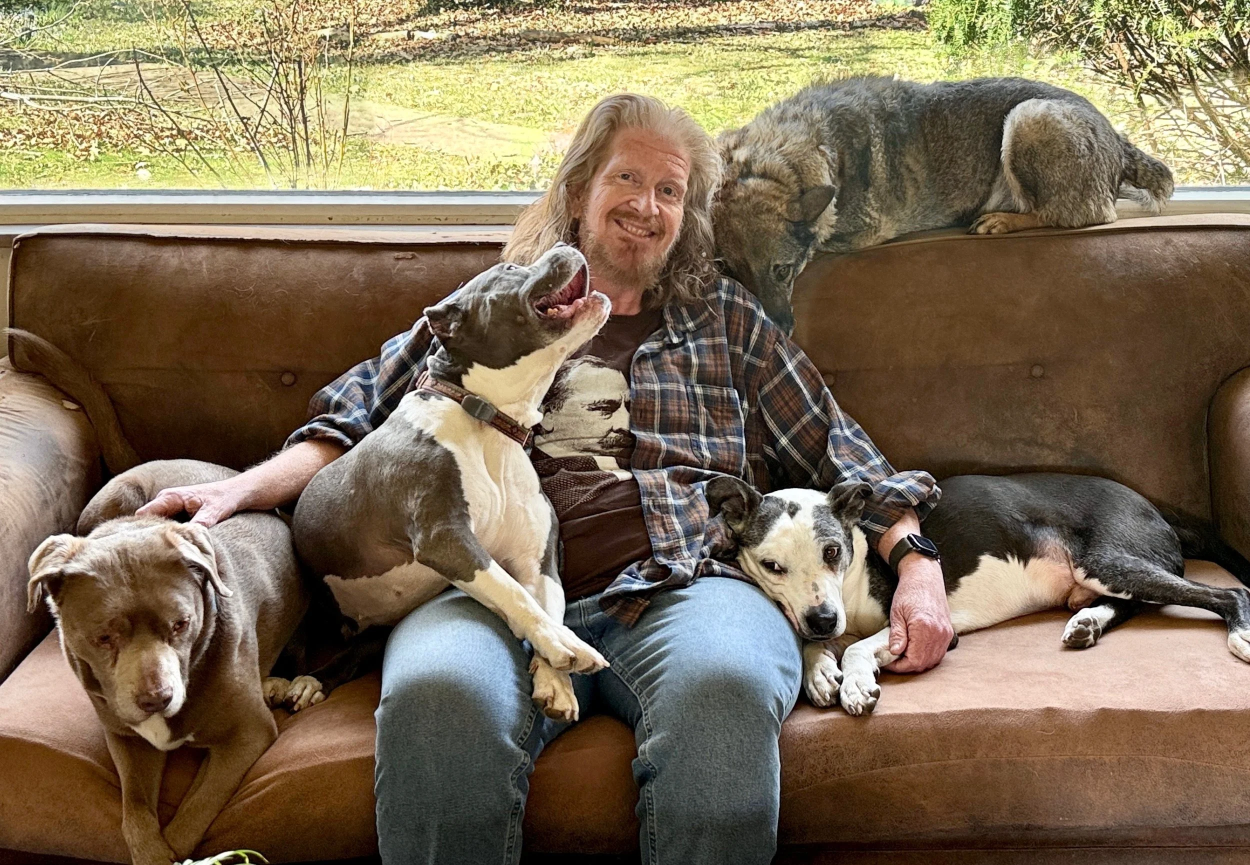 A man with long gray hair and a beard sitting on a brown leather couch, surrounded by multiple dogs, with a window showing an outdoor garden in the background.