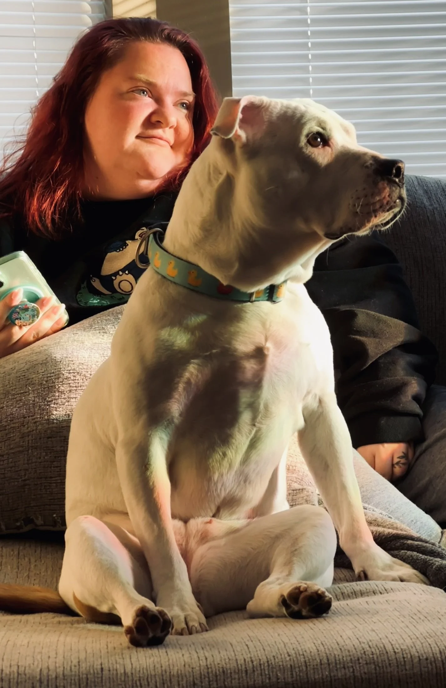 A woman with reddish-brown hair and a black shirt sitting on a couch with a white dog with a blue collar featuring yellow ducklings, sitting in front of her, on her lap, in a living room with window blinds in the background.