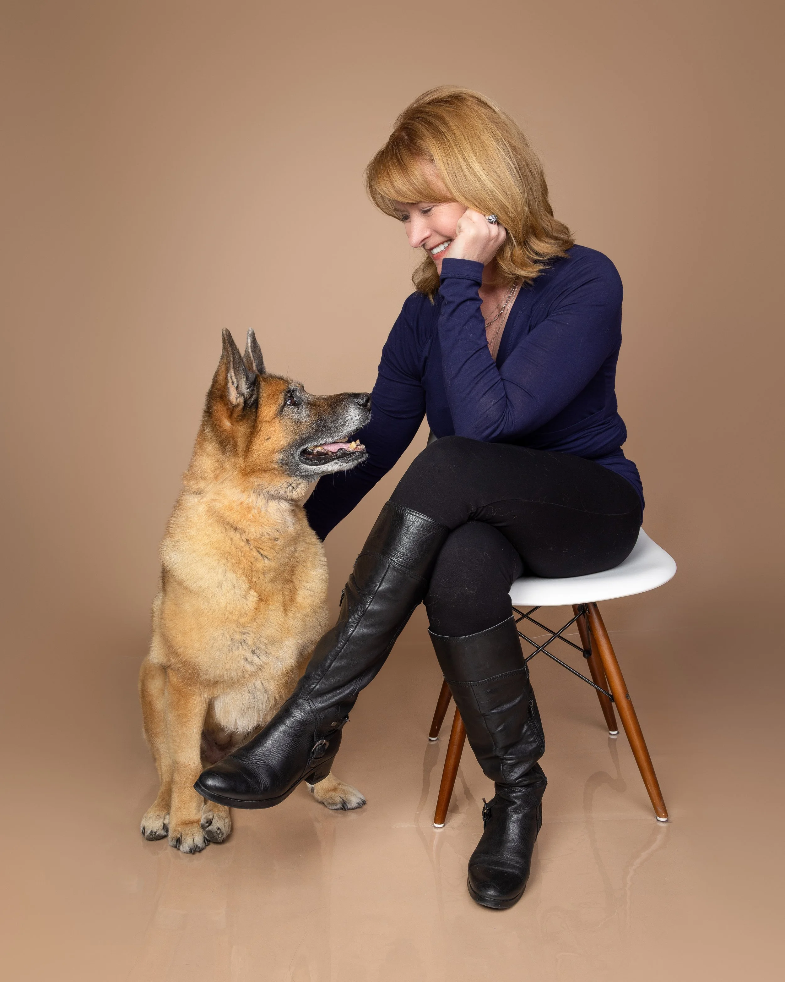 A happy dog with a white and brown face being held by a person in a blue shirt, sitting on a chair indoors.