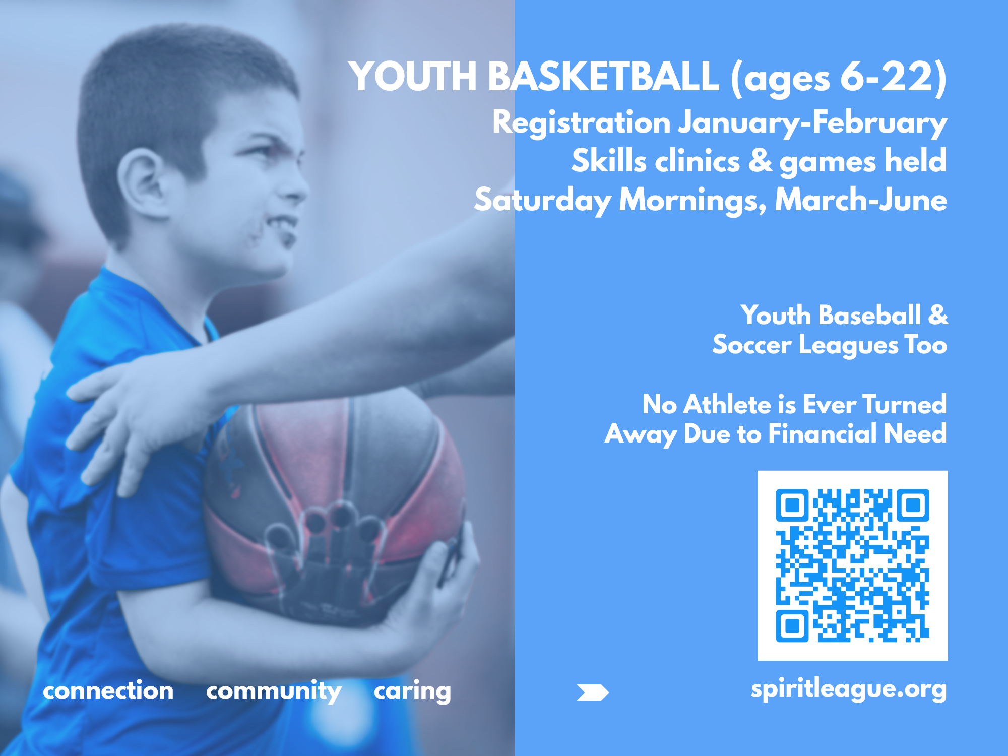 back of youth basketball table card for Spirit League 2026