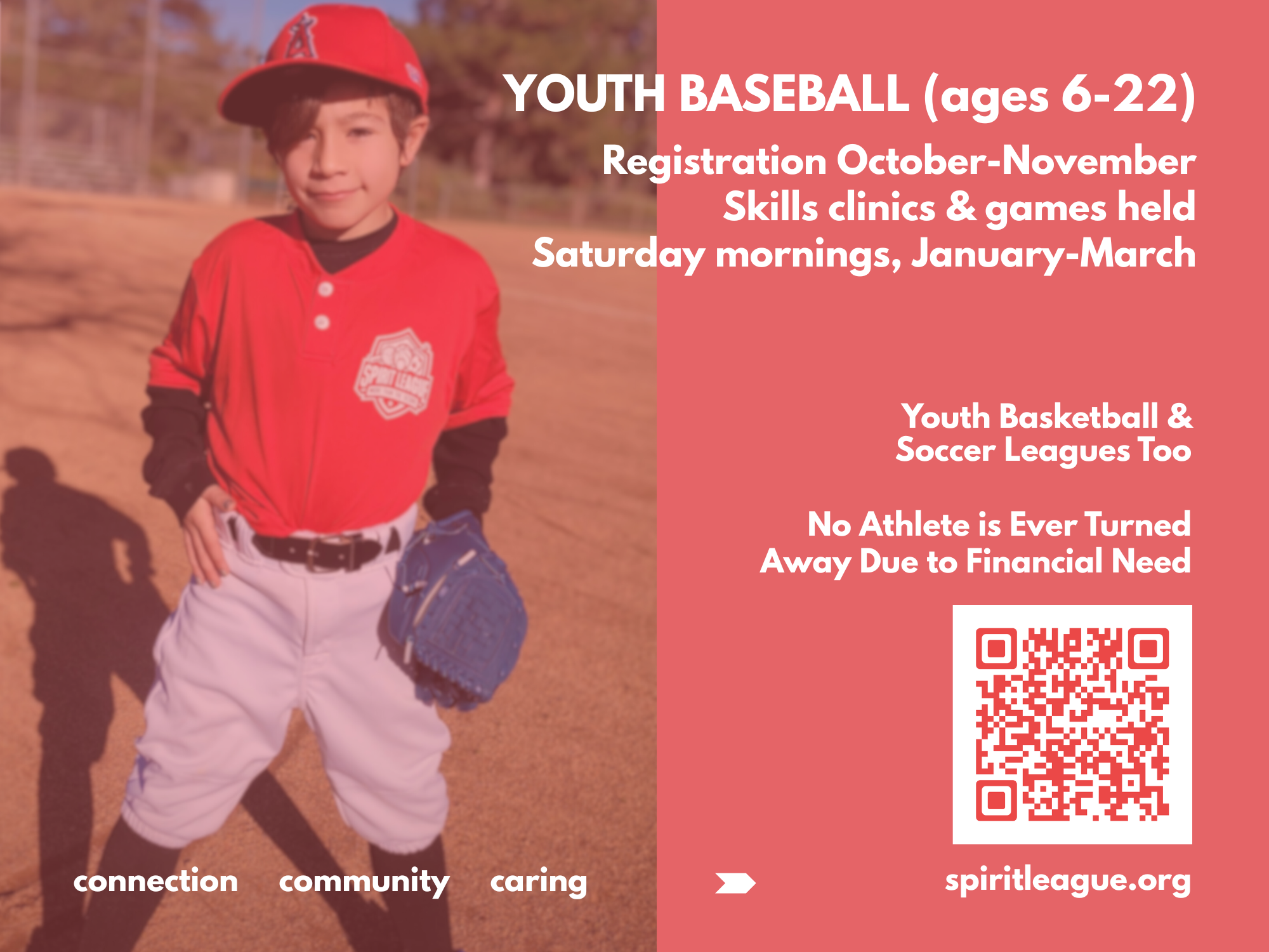 back of youth baseball table card for Spirit League 2026
