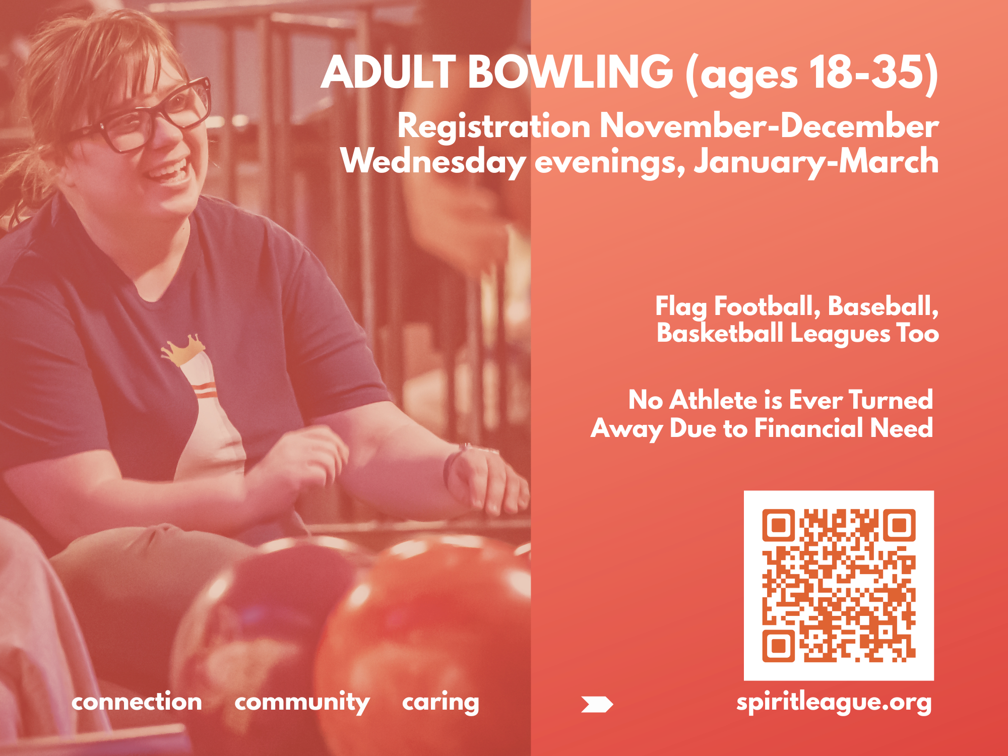 back of adult bowling table card for Spirit League 2026