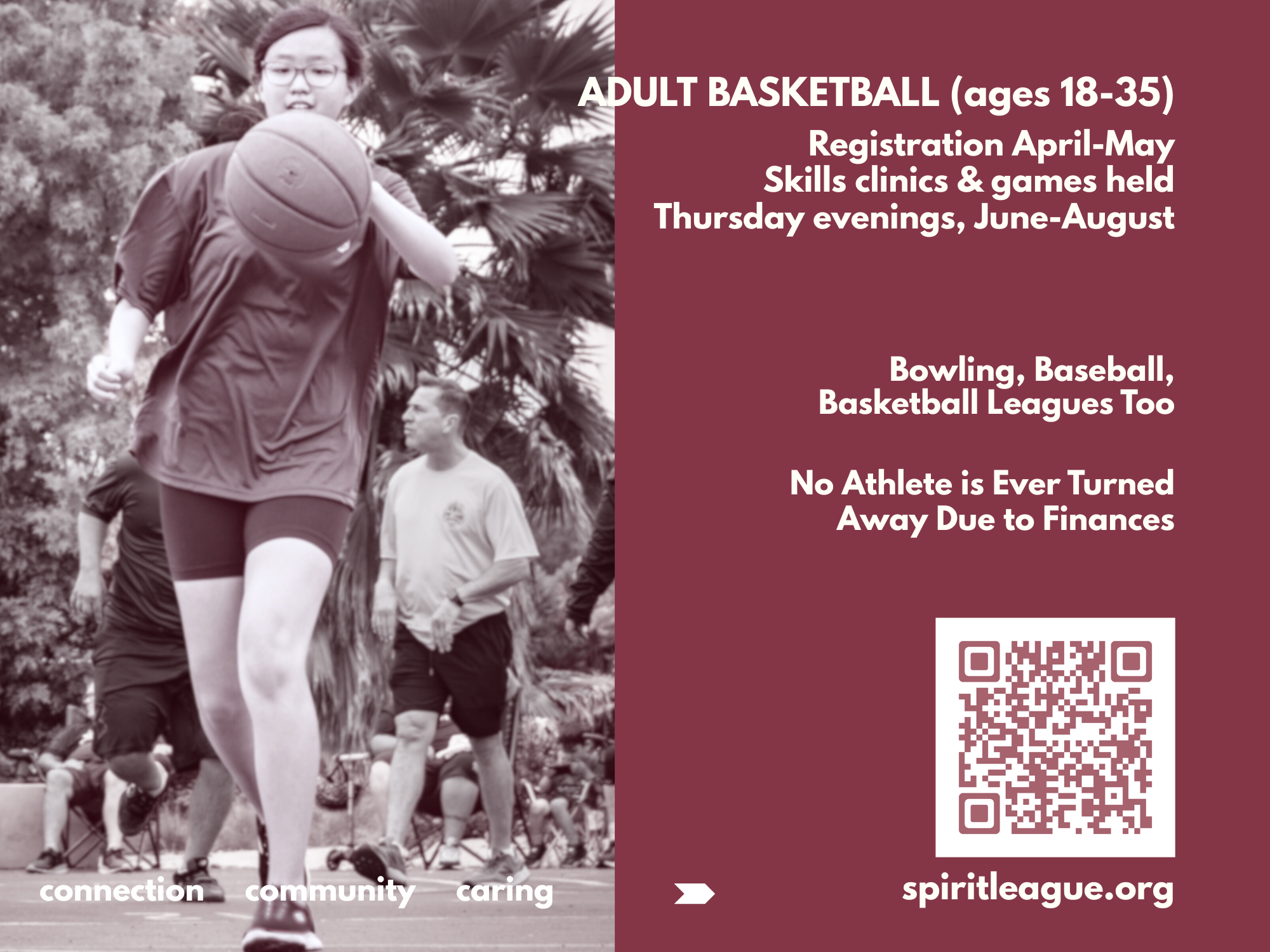 back of adult basketball table card for Spirit League 2026