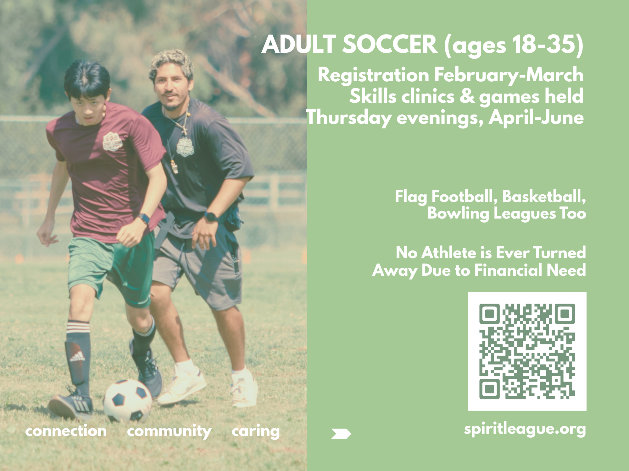 back of adult soccer table card for Spirit League 2026