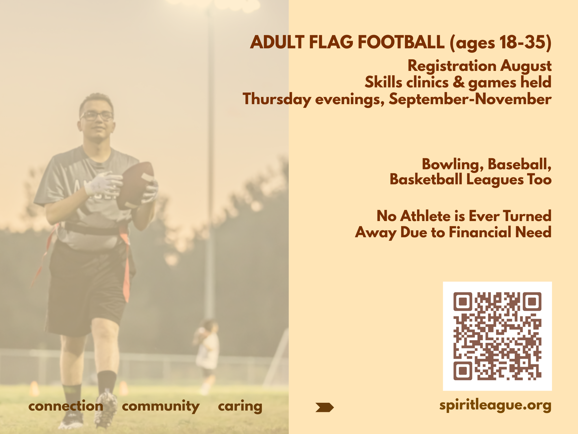 back of adult flag football table card for Spirit League 2026