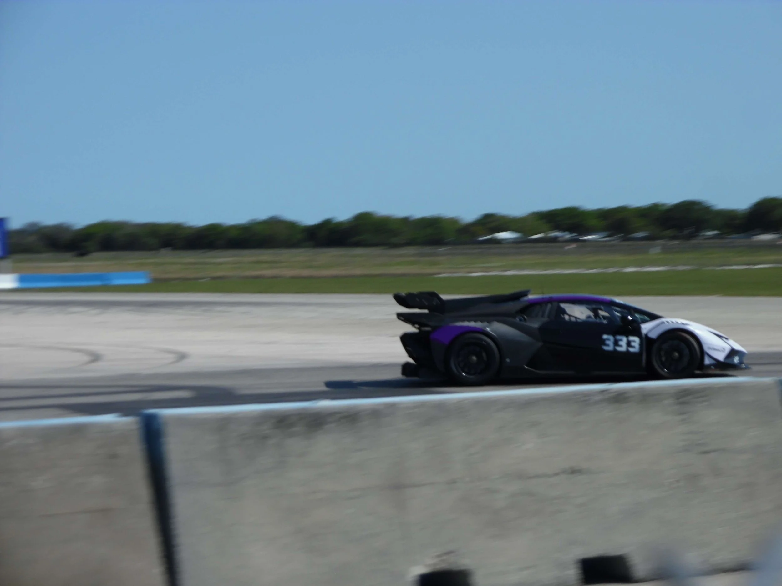 A black and purple race car numbered 333 speeding on a racetrack with a concrete barrier in the foreground and a green landscape in the background.