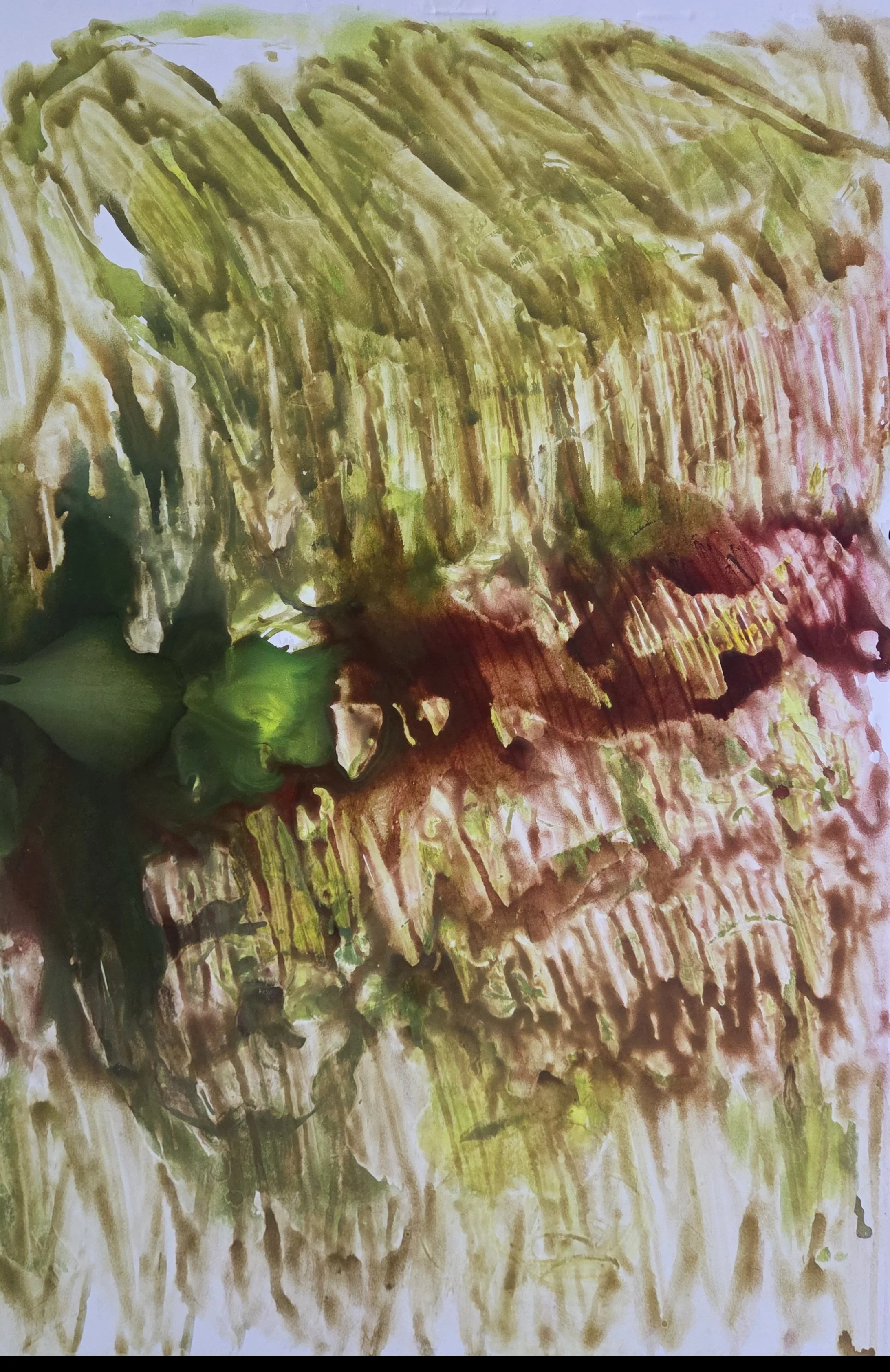 Abstract watercolor painting with green, brown, and red brushstrokes creating a textured, layered effect.