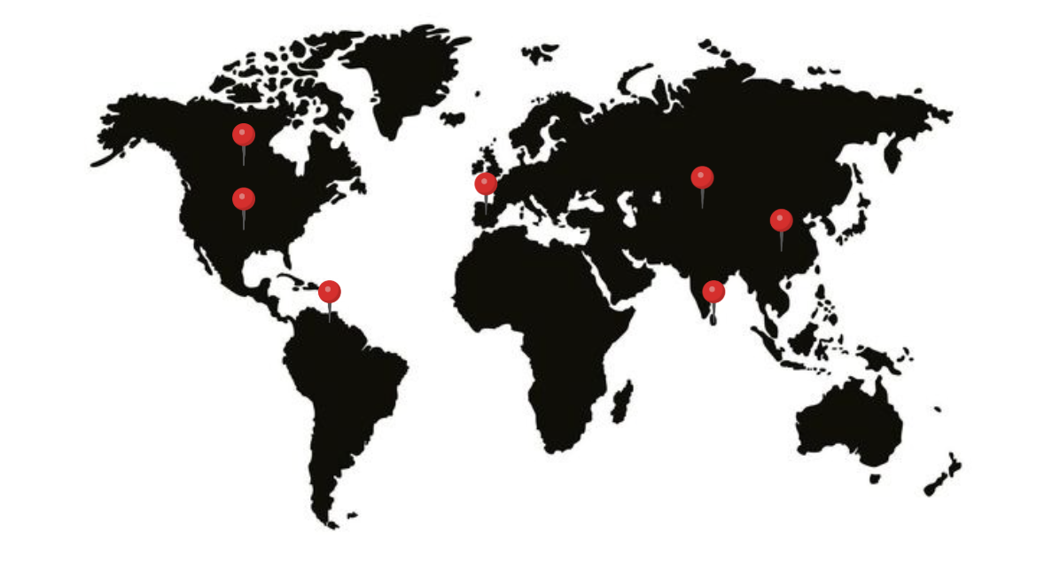World map with five red location markers in North America, Europe, Africa, and Asia.
