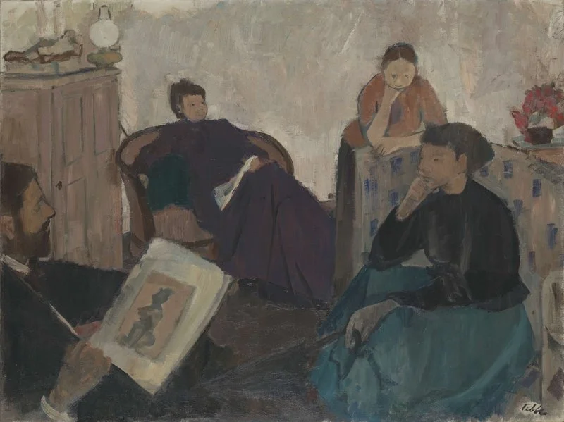 A painting of four people sitting in a room. A man with a beard reads a book, two women sit listening, one with a fan and the other at a table. The setting appears cozy with muted tones.