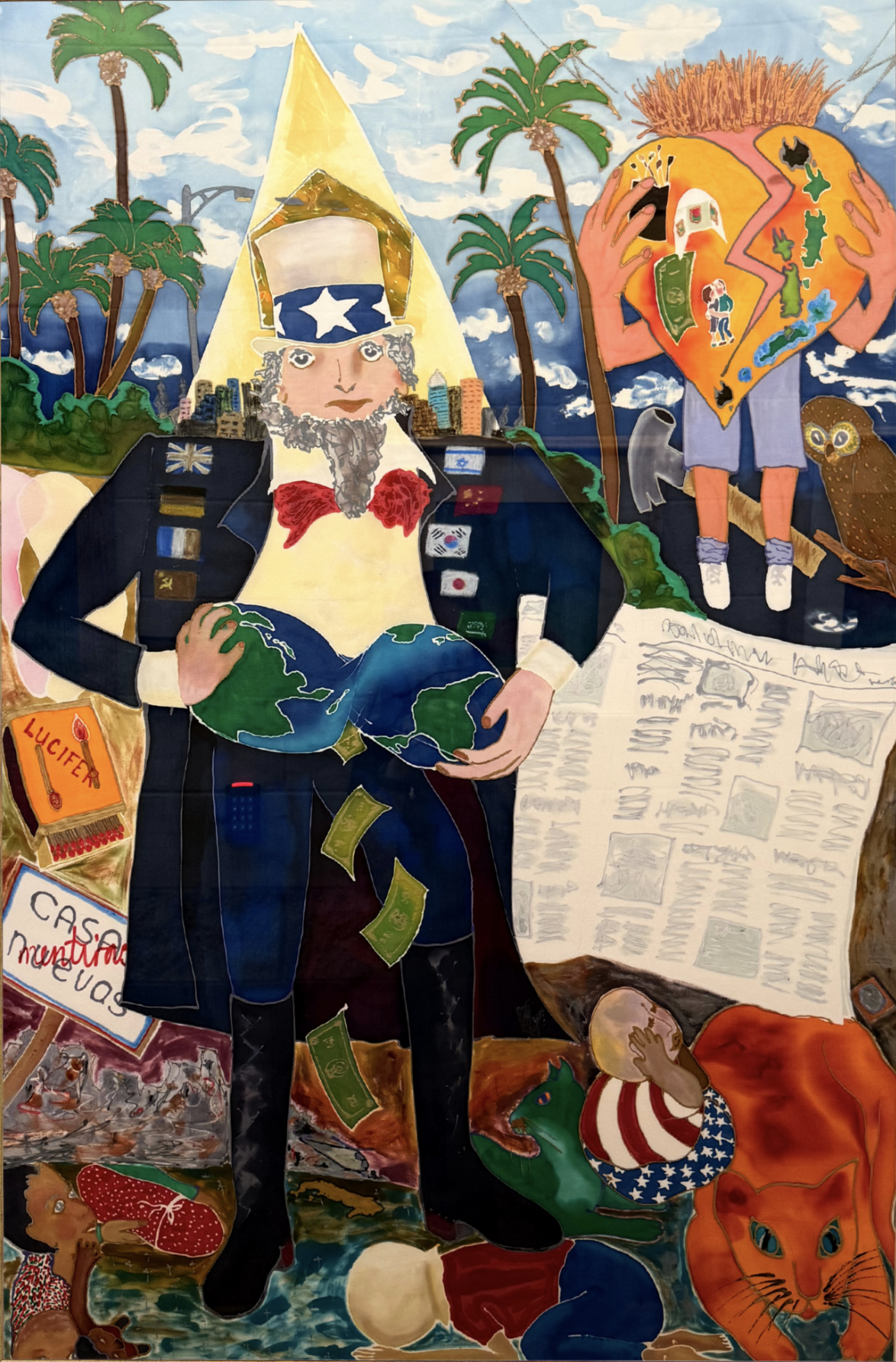 A colorful collage artwork featuring a man with a beard and Uncle Sam hat holding a globe, surrounded by various symbols of politics, money, and nature, including palm trees, an owl, and a sleeping child with a cat.