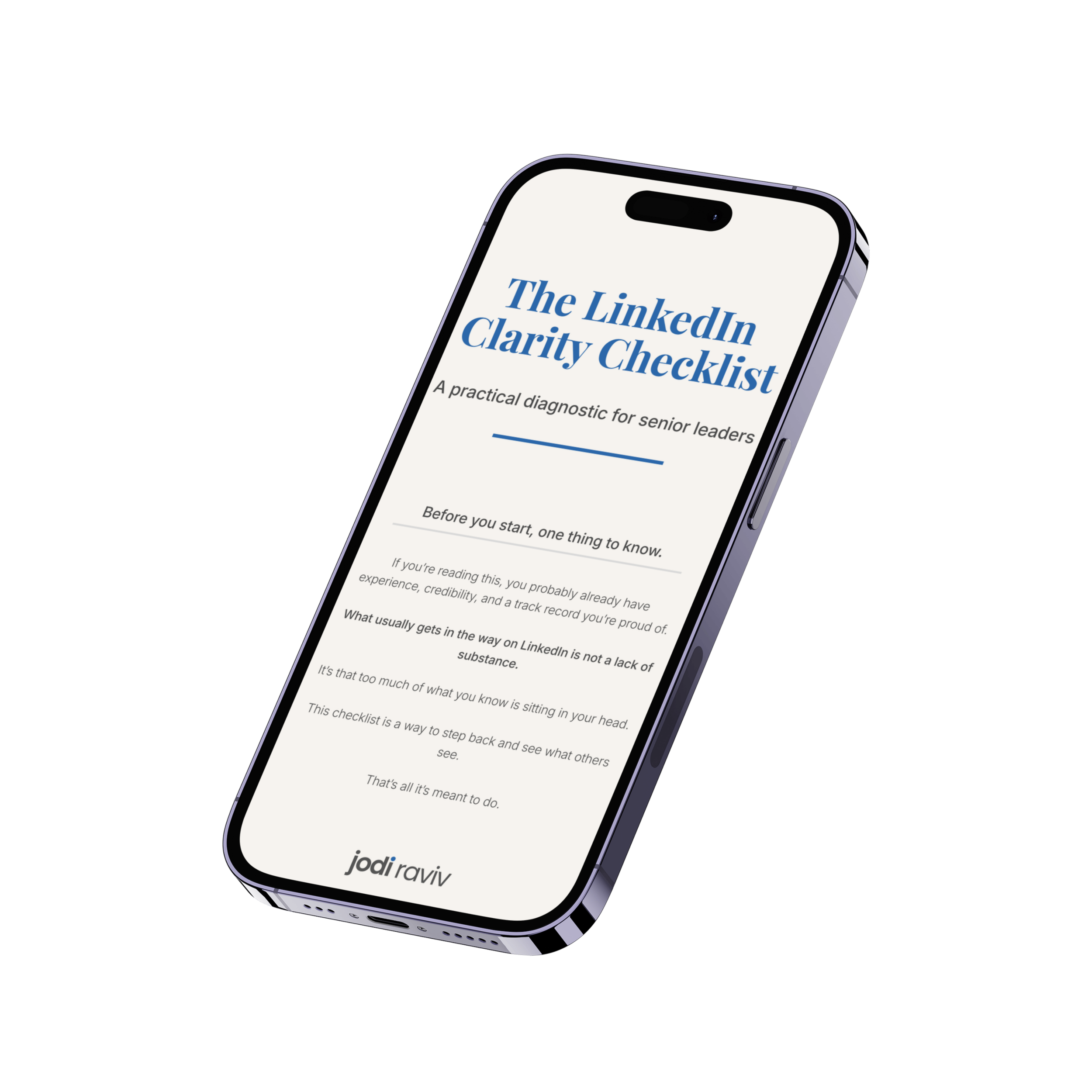 The LinkedIn Clarity Checklist by Jodi Raviv designed to help executives improve profile clarity and positioning.