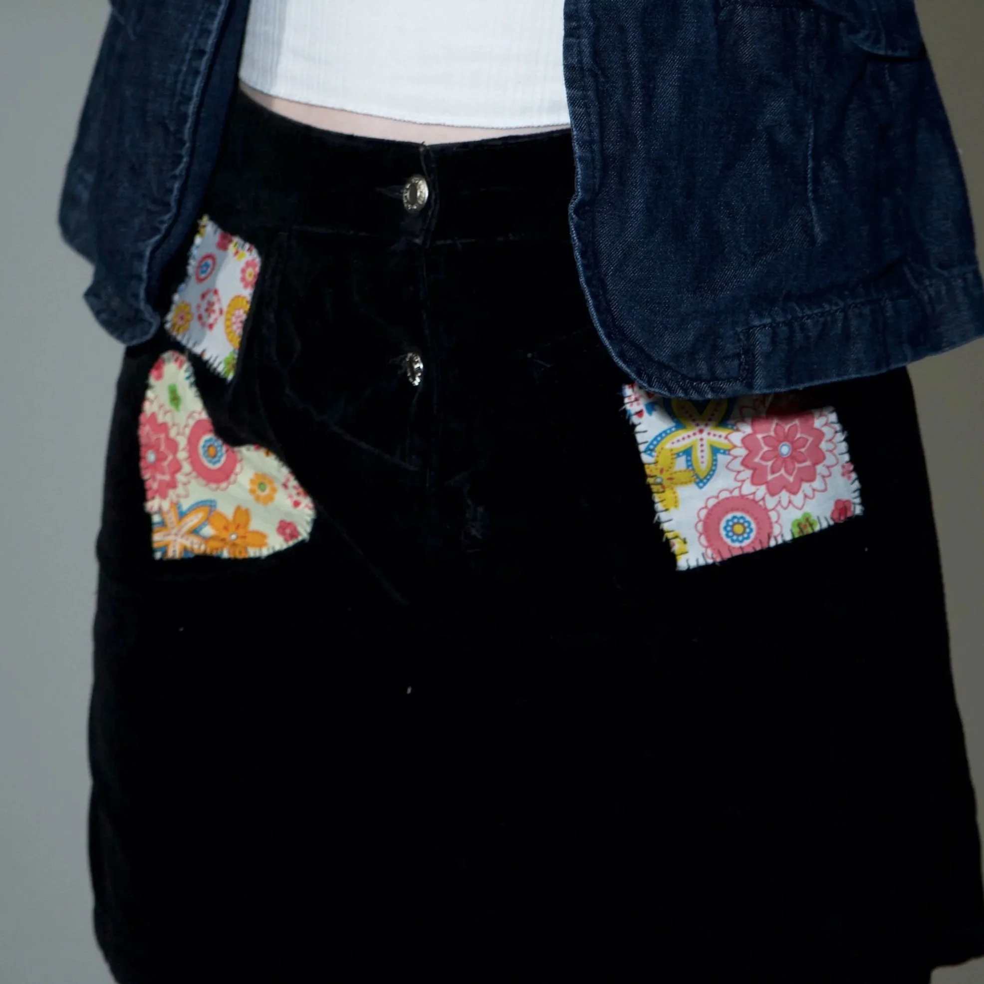 Black Patchwork Mini Skirt ❀*ੈ𑁍༘