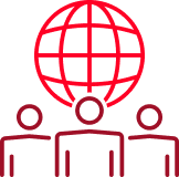Icon of a globe with three people below, representing global teamwork or community.