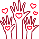 Three hands with hearts drawn on them and additional hearts floating around
