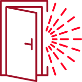 An open door with lines radiating outward indicating light or energy.