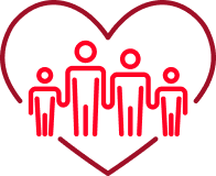 Outline of four people standing inside a heart shape.