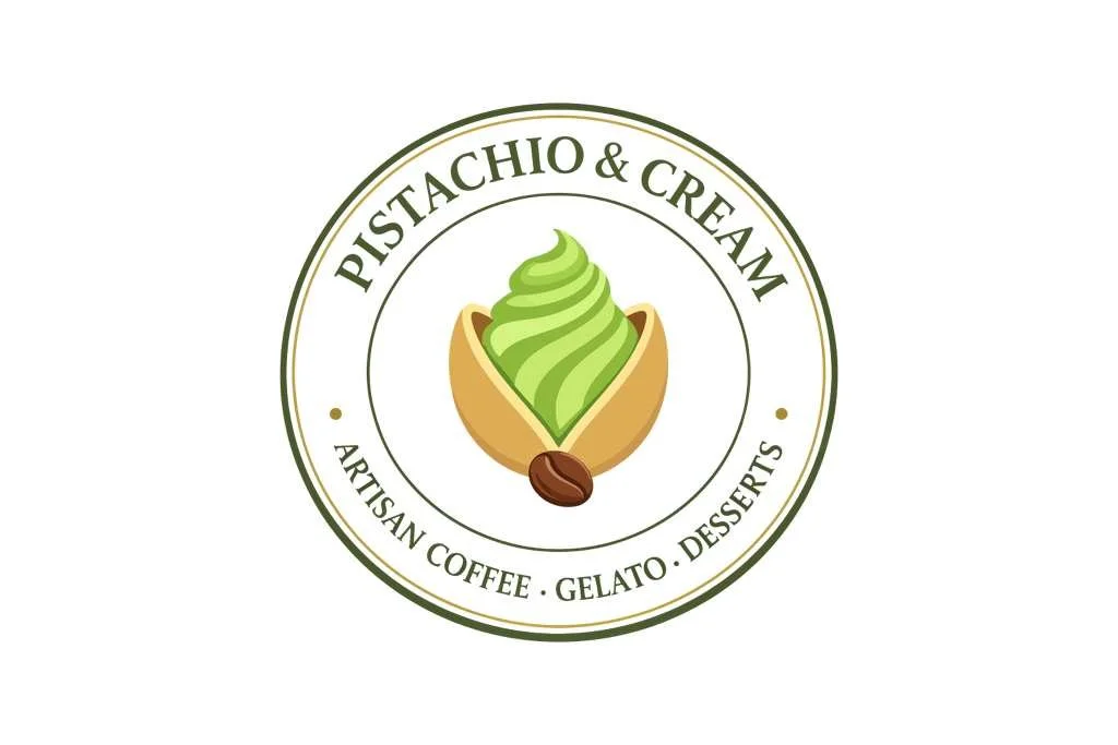 Logo featuring a pistachio shell with green ice cream or gelato inside, surrounded by text that reads "Pistachio & Cream," "Artisan Coffee," "Gelato," and "Desserts."