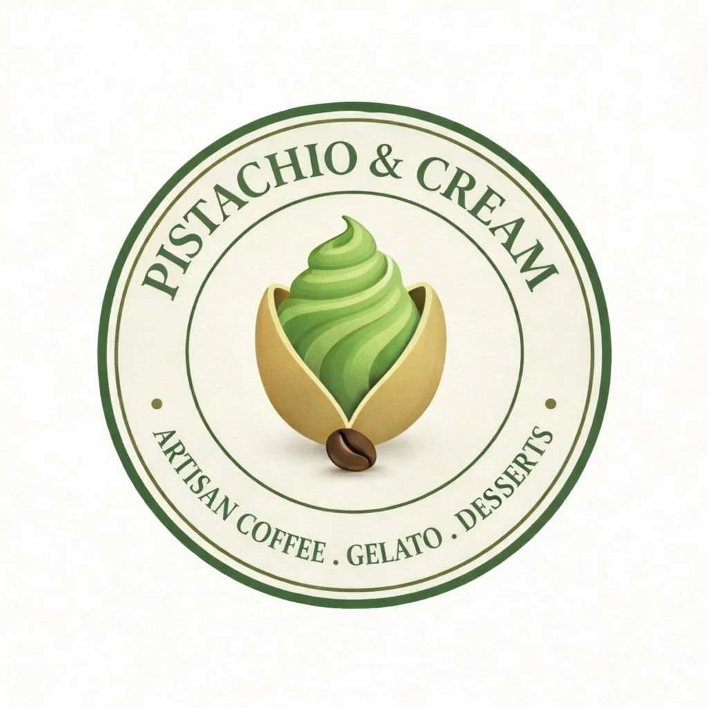 Logo for Pistachio & Cream featuring a green pistachio with ice cream swirl inside a pistachio shell, with a coffee bean at the bottom.