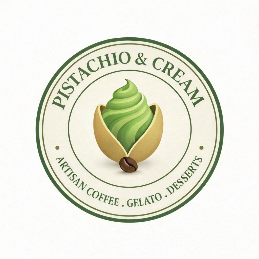 Logo for Pistachio & Cream with a green pistachio inside an open shell, coffee bean at the bottom, and text indicating artisan coffee, gelato, and desserts.