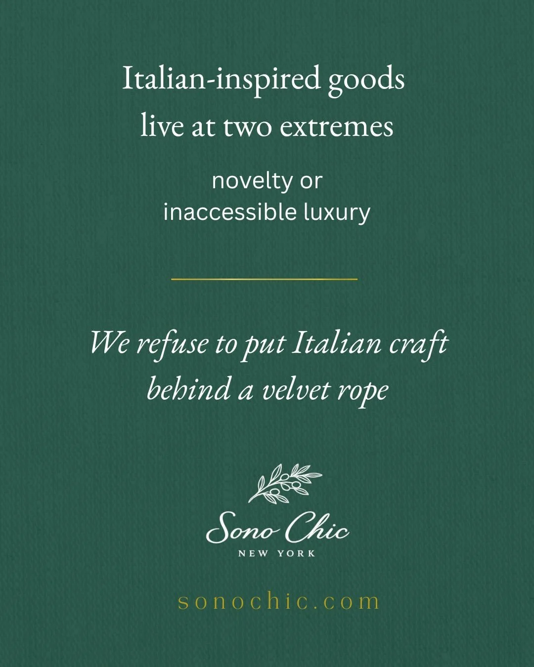 We believe in making Italian craftsmanship accessible. Sono Chic is a New York based lifestyle boutique, rooted in Italian craft and culture. Crafted to last. Inspired by Italy. 🌿&hearts;️ 

#sonochic #madeinitaly #slowfashion #italiancraft #italian