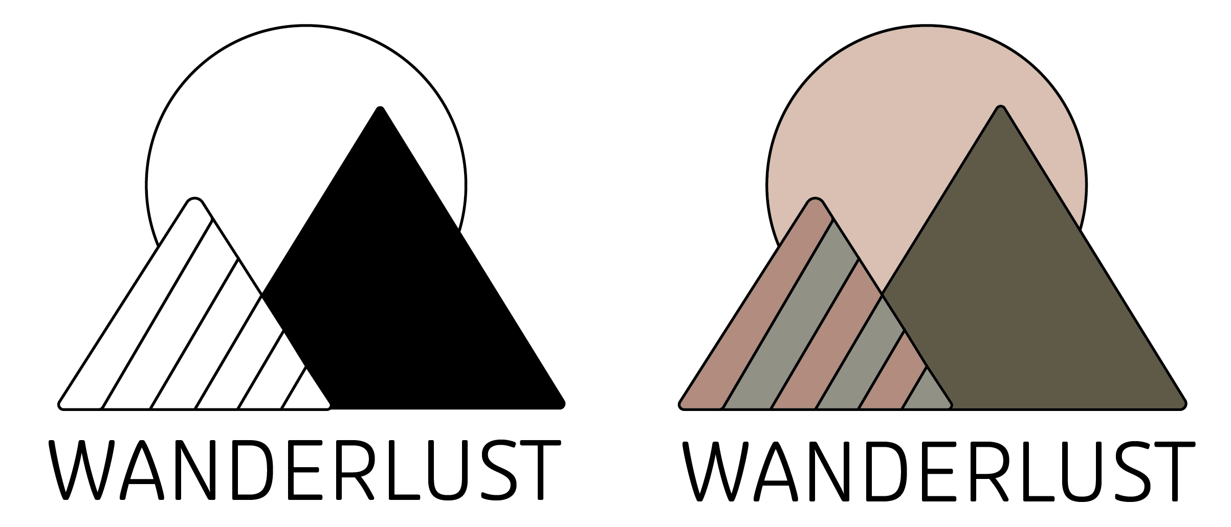 Side‑by‑side black‑and‑white and color versions of a minimalist mountain graphic logo with the word ‘WANDERLUST’ below.