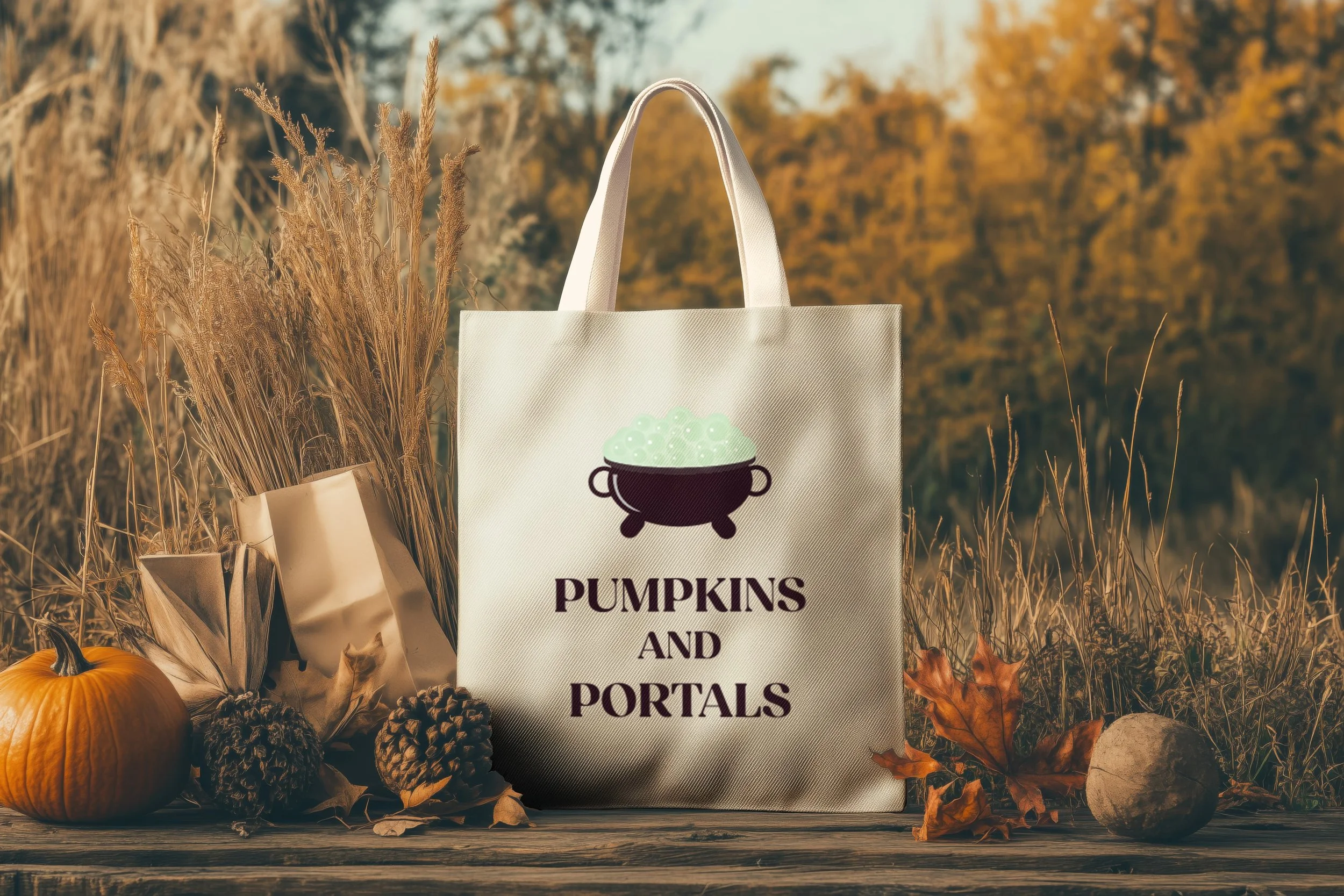 A canvas tote bag sits on a wooden surface outdoors with autumn trees beh, surrounded by a small pumpkin, pinecones, and dried leaves. The tote has a black cauldron with green bubbles and the words "Pumpkins and Portals" below.