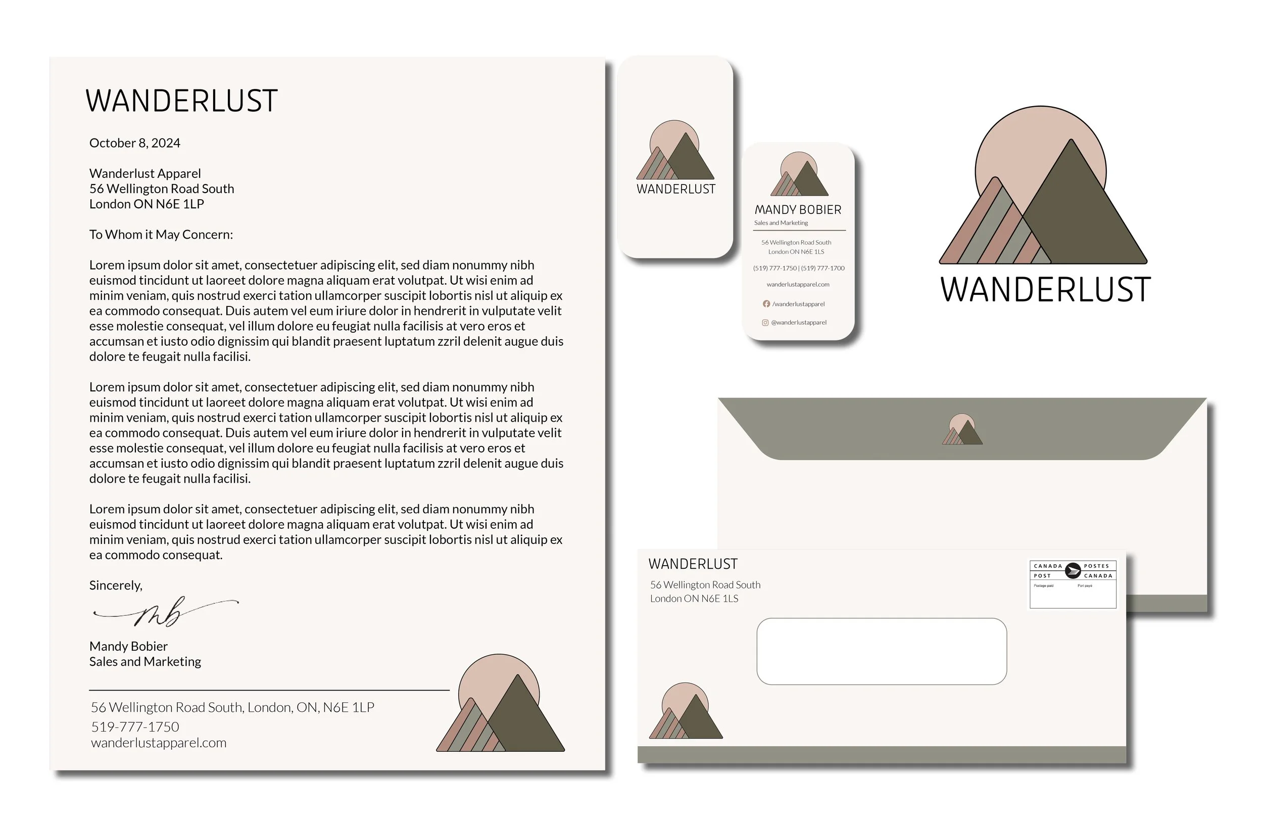Branded stationary flat on a white background, featuring letterhead, business card, envelope, and company logo.