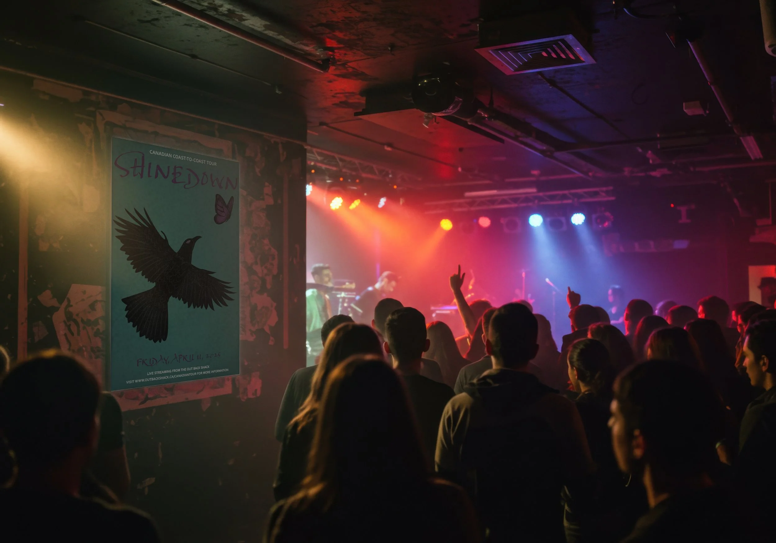 Dimly lit concert venue with a crowd facing a brightly lit stage where a band is performing, and a tour poster displayed on the left wall.