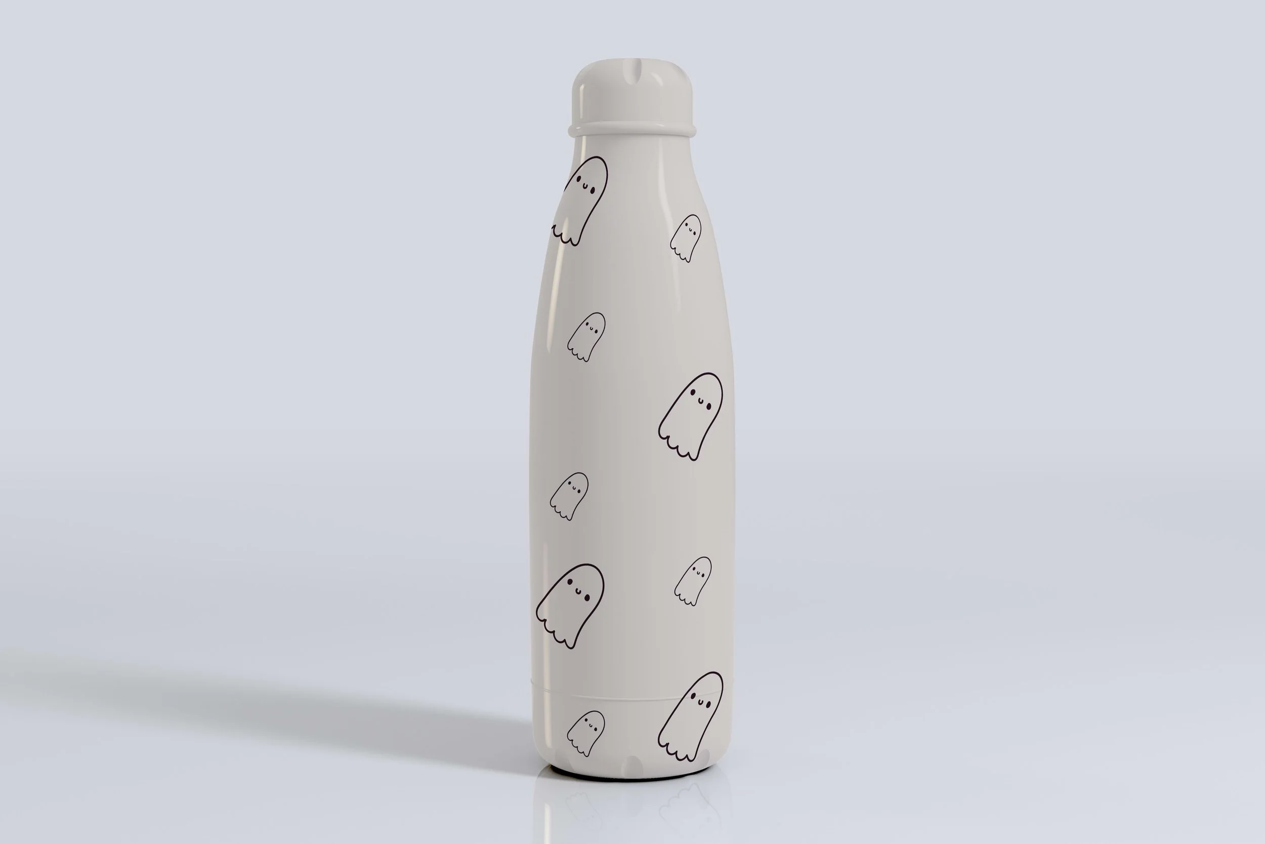 Light-coloured water bottle with illustrated ghost pattern.