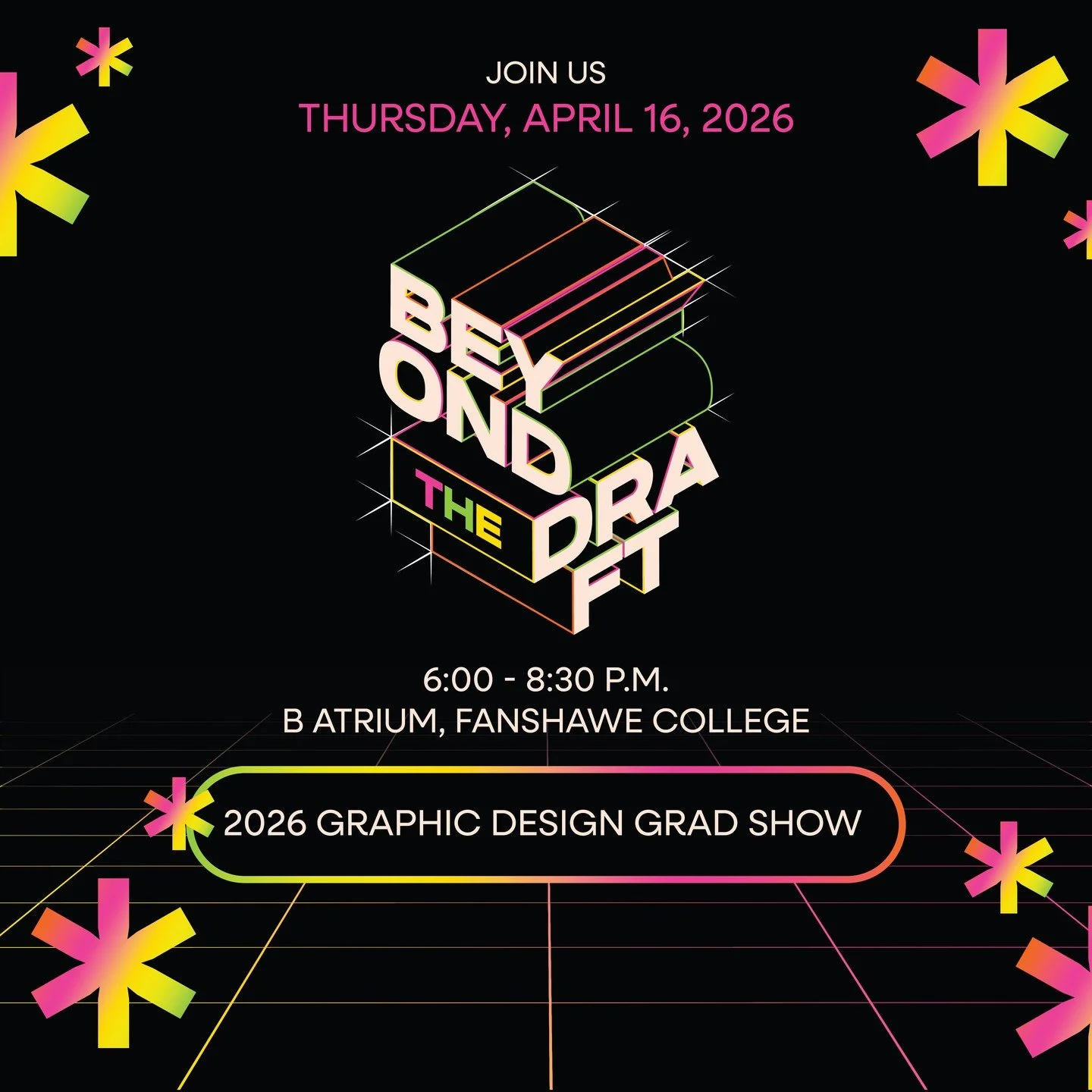 😃 I am excited to share that the 2026 Graphic Design Grad Show is happening this week! Join us this Thursday for Beyond the Draft - a celebration that highlights the creativity, resilience, and growth of our graduating class. Come meet emerging desi