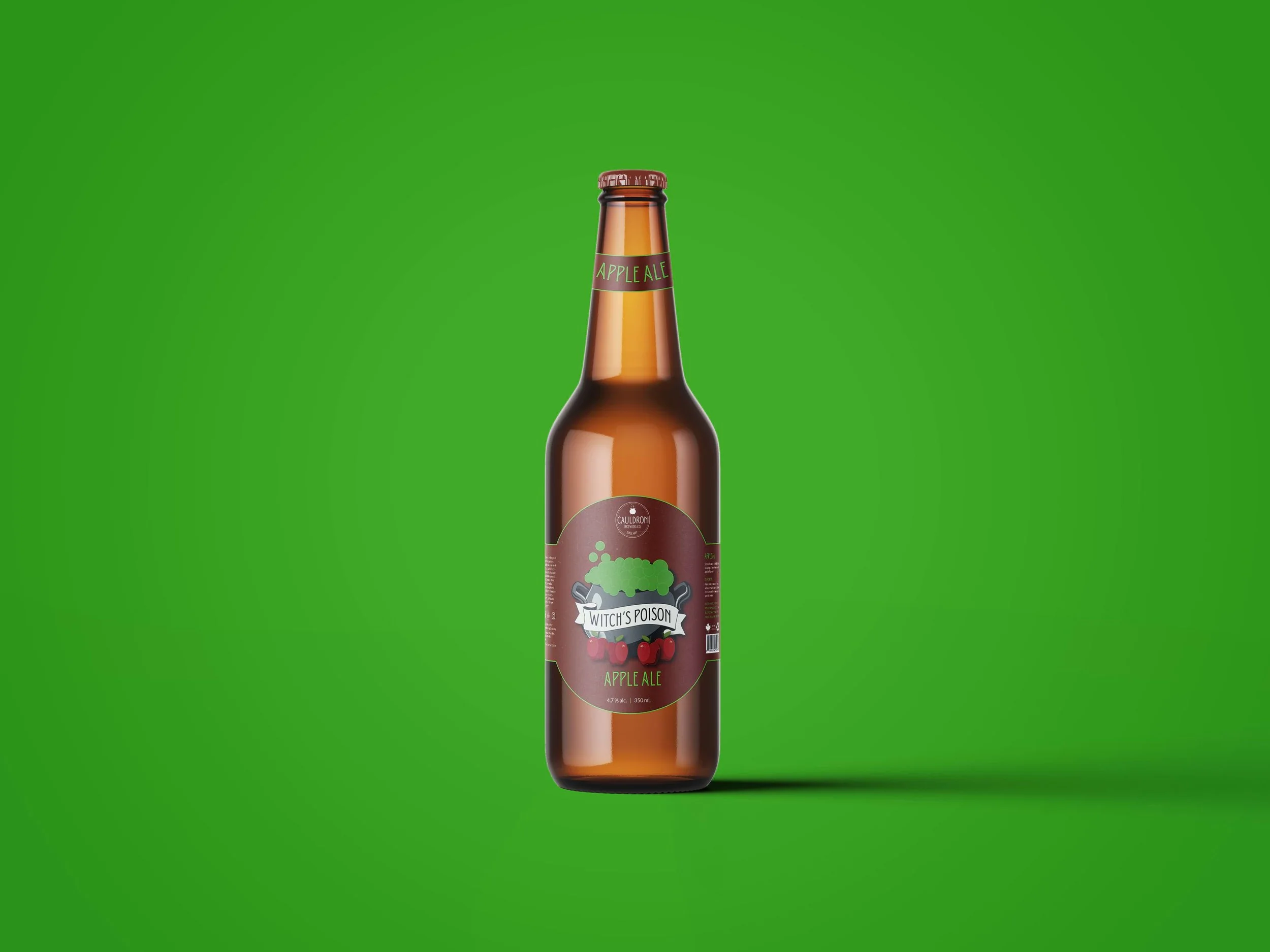 Amber beer bottle labeled as an apple ale, shown upright against a solid bright green background.