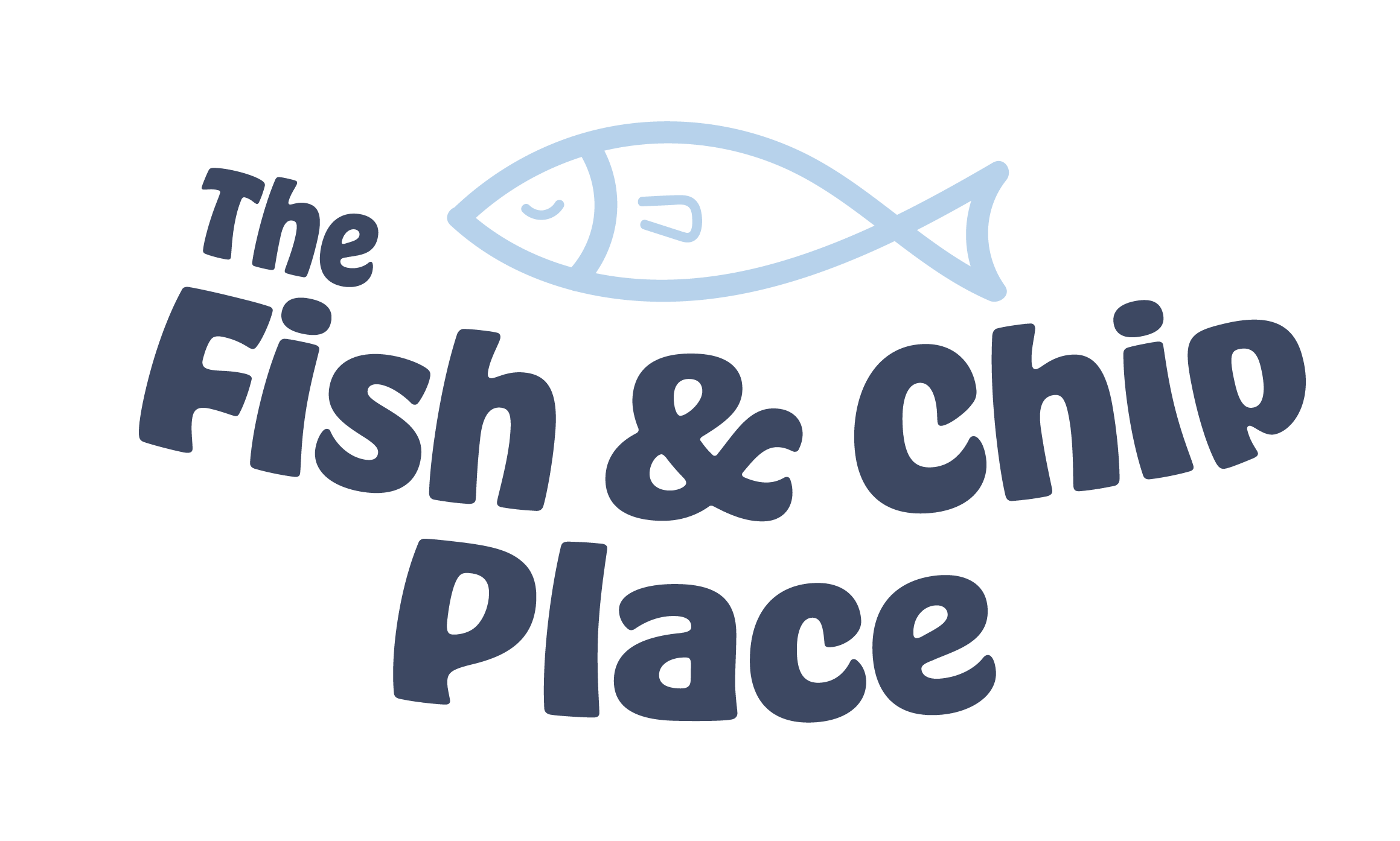 Logo featuring a light blue line‑drawn fish above dark blue rounded text reading ‘The Fish & Chip Place.’
