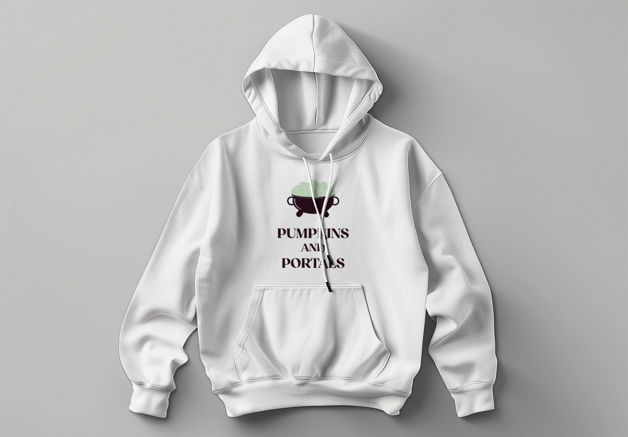 White sweater with event logo laid flat on a grey background.